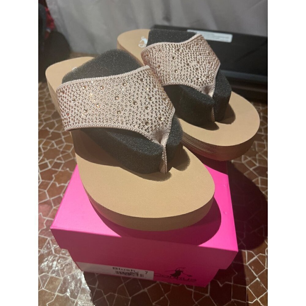 nwt sparkling pink wedge heel flip flop by corkys NWB